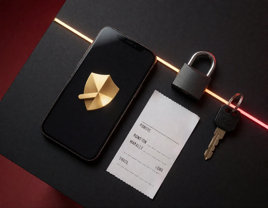 Smartphone mit Sicherheitsschild, Hardware-Key, Vorh&auml;ngeschloss und leerer Auszahlungsbeleg auf schwarzer Fl&auml;che