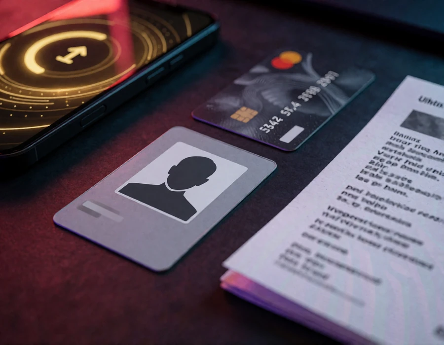 Anonymisierter Ausweis, Adressnachweis und Bankkarte neben Smartphone mit Upload-Anzeige zur KYC-Verifizierung