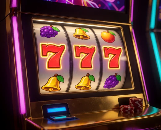 Leuchtender Spielautomat mit drei roten Siebenen als Beispiel f&uuml;r die Slot-Kategorie im V.Vegas Casino