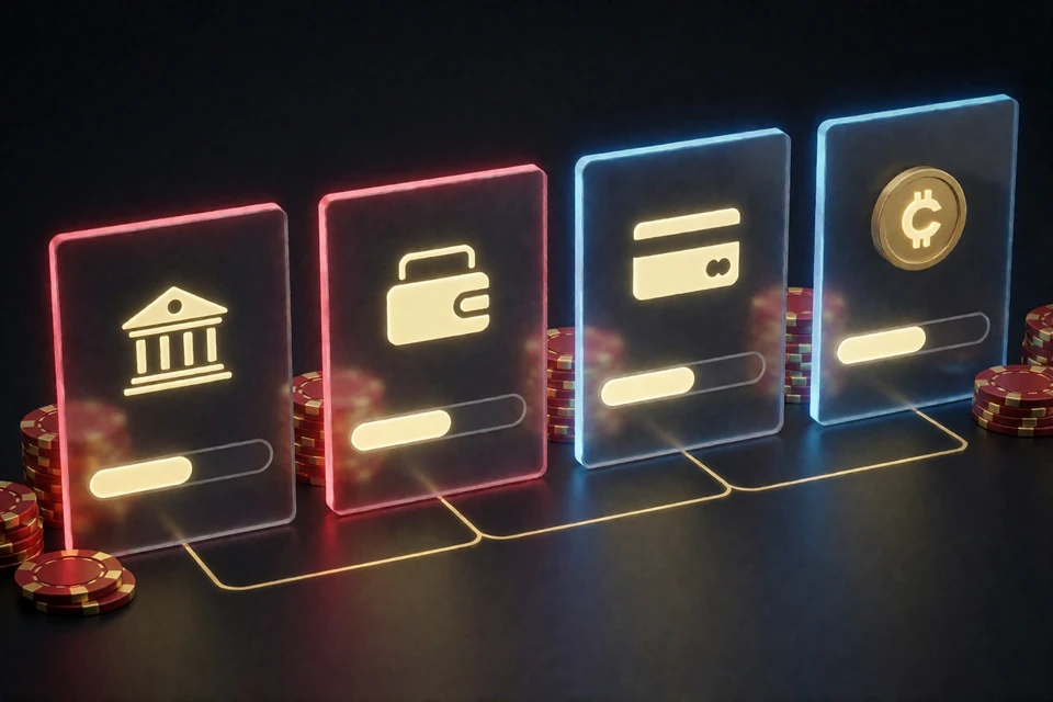 Vier leuchtende Statuspanels f&uuml;r Bank, E-Wallet, Karte und Krypto zeigen die Zeitanteile einer Casino-Auszahlung