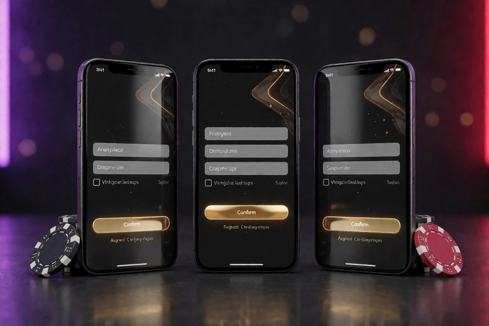 Drei Smartphones zeigen anonymisierte Registrierungsschritte eines Online Casinos mit leeren Eingabefeldern und goldenem Best&auml;tigungsbutton