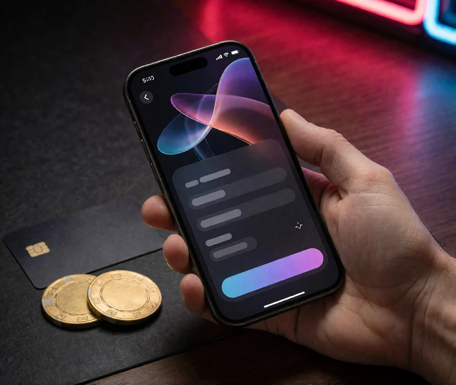 Smartphone mit anonymisierter Zahlungsfreigabe neben Bankkarte und goldenen Chips f&uuml;r eine Casino-Einzahlung