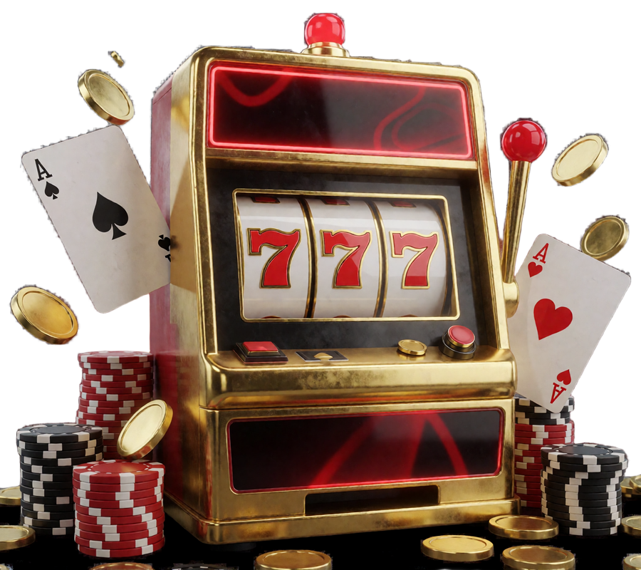 Goldener Spielautomat mit drei Siebenen, fliegenden M&uuml;nzen und Casino-Chips als Symbol f&uuml;r den Willkommensbonus