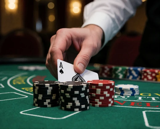 Blackjack-Tisch mit Ass und K&ouml;nig sowie Chipstapeln als Beispiel f&uuml;r Kartenspiele bei V.Vegas Casino