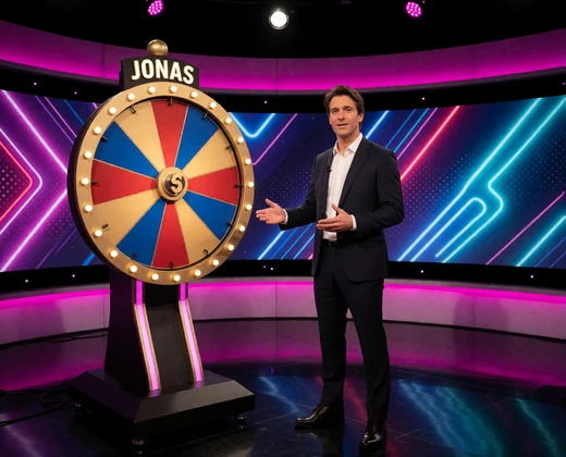 Game-Show-Studio mit Geldrad und Moderator als Beispiel f&uuml;r Live-Unterhaltungsformate im Casino