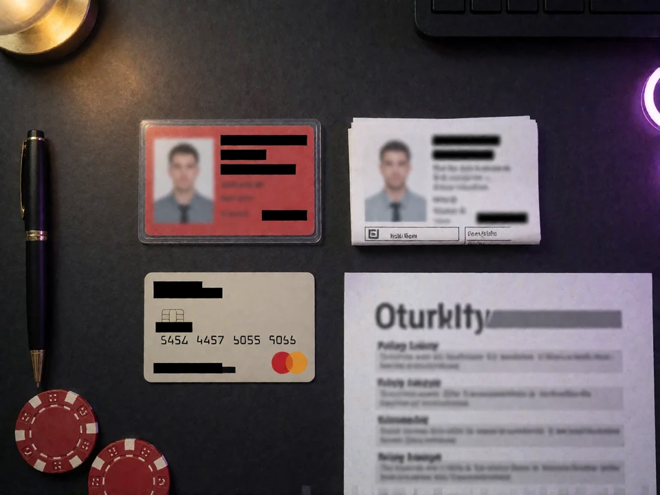 Anonymisierte Dokumentkategorien f&uuml;r die KYC-Verifizierung im Casino: Ausweis, Adressnachweis, Zahlungsmittel und Kontoauszug mit geschw&auml;rzten Daten