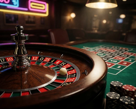 Roulettekessel mit Kugel im roten Fach und Chips auf gr&uuml;nem Filz im Live Casino Bereich