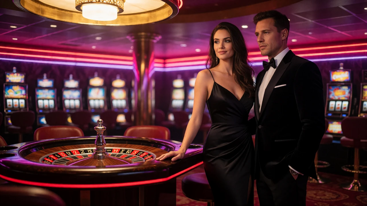 Paar in Abendgarderobe an einem Roulettetisch in neonbeleuchtetem Casino als Abschlussmotiv von V.Vegas Casino
