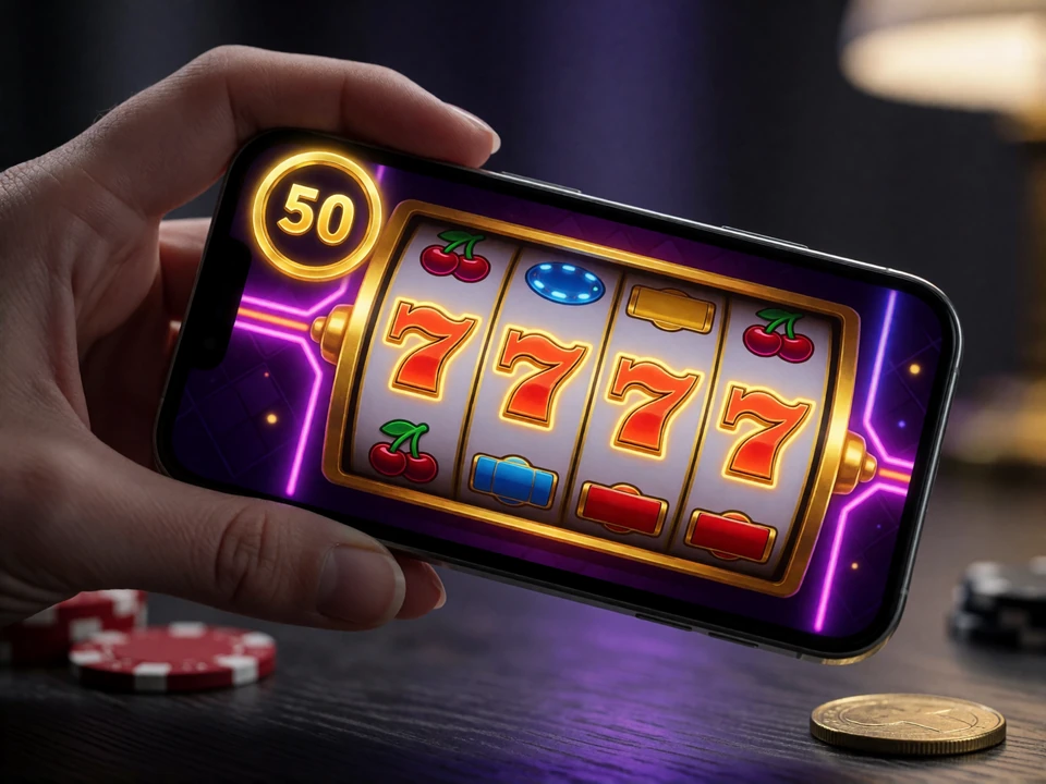 Smartphone mit Slot-Walzen und goldenem Z&auml;hler f&uuml;r 50 Freispiele als Beispiel f&uuml;r Freispiele ohne Einzahlung