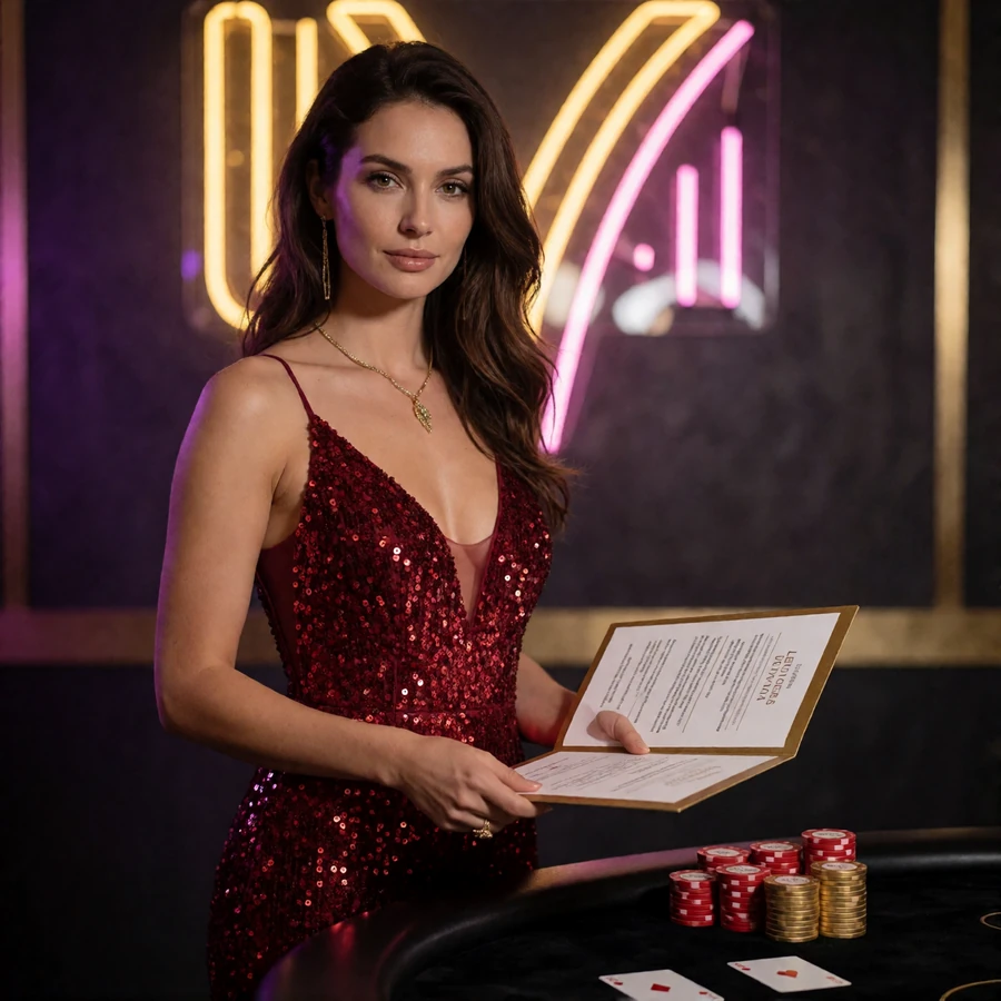 Model im roten Pailletten-Abendkleid mit Bonusunterlagen und Chipstapeln vor neonbeleuchteter Wand zum Casino Bonus ohne Einzahlung