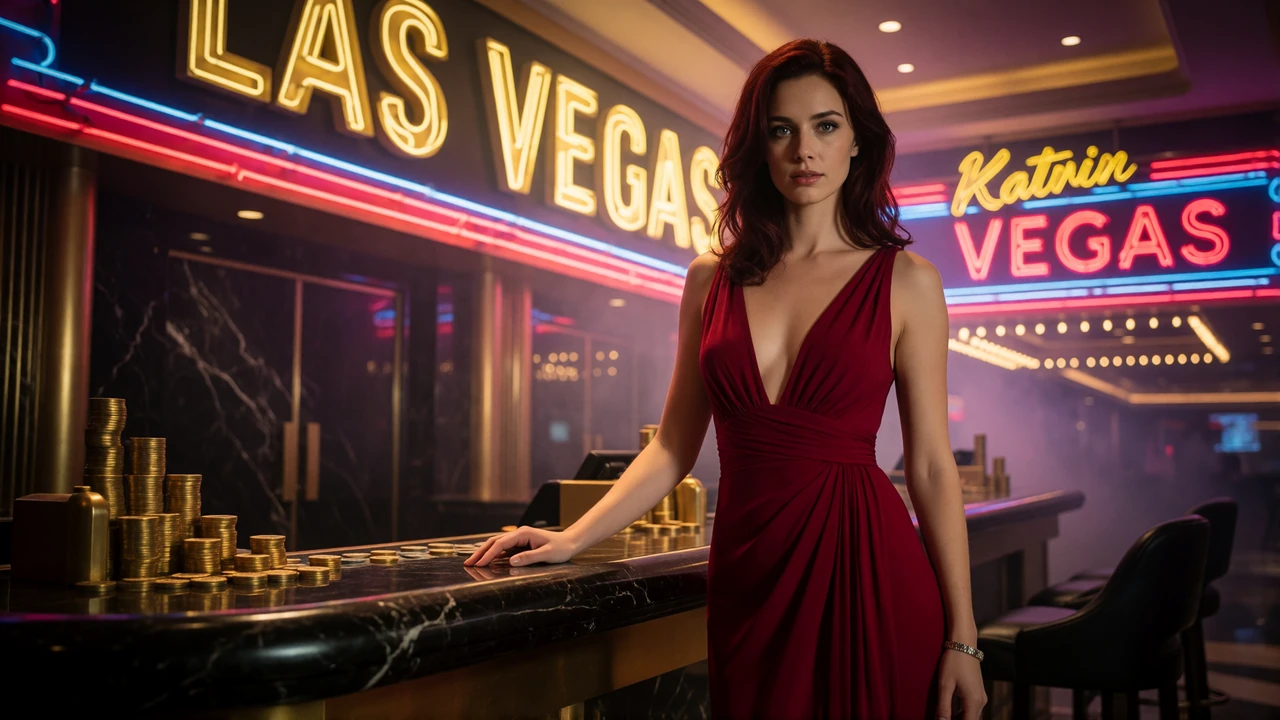 Model im roten Abendkleid an einem Casino-Kassentresen vor leuchtender Vegas-Neonkulisse als Abschlussmotiv der Zahlungsseite