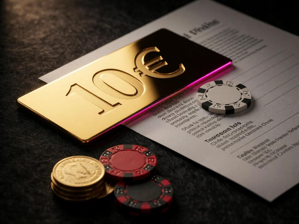 Goldene 10-Euro-Casinoplakette auf einem Bedingungsblatt mit Chips und M&uuml;nzen als Symbol f&uuml;r Bonusguthaben statt Echtgeld