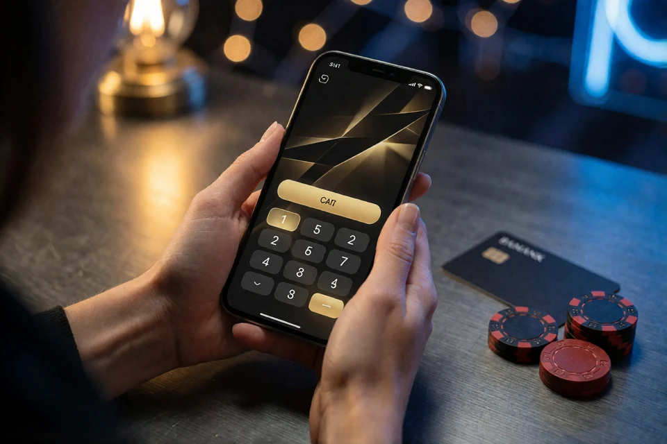 H&auml;nde halten Smartphone mit Kassenbereich eines Online Casinos neben Bankkarte und Chips auf dunklem Schreibtisch