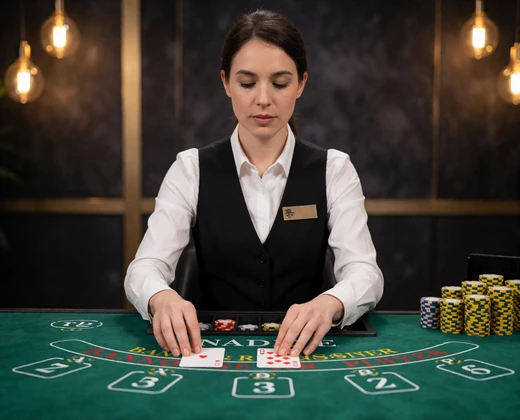 Croupierin am Baccarat-Tisch im Live-Dealer-Studio als Beispiel f&uuml;r Live-&Uuml;bertragungen